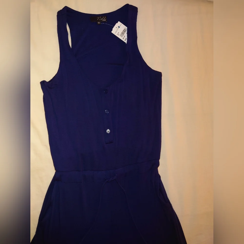 NWT Navy Blue NELL COUTURE Soft Jersey Knit Drawstring Racerback Jumpsuit XS 2 - Picture 8 of 14